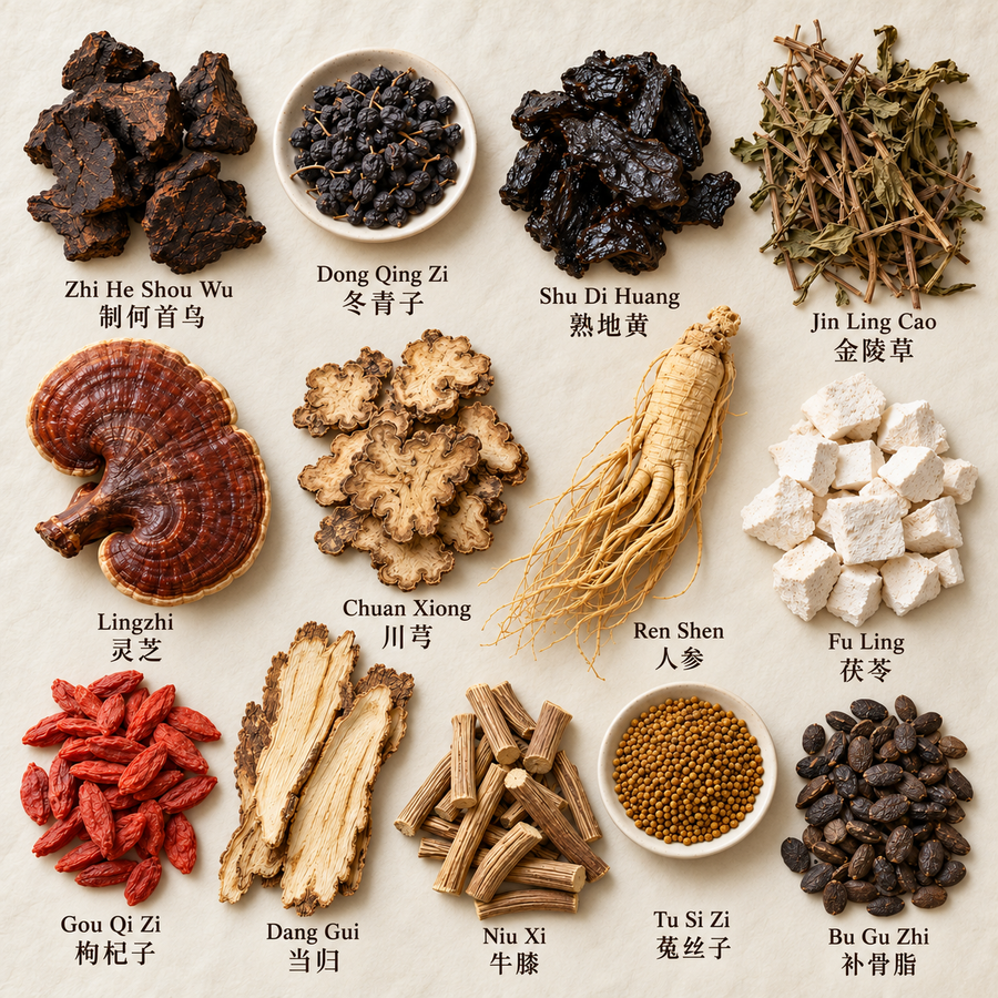 Flat lay of the five key herbs: He Shou Wu, Dong Qing Zi, Jin Ling Cao, ginseng and reishi