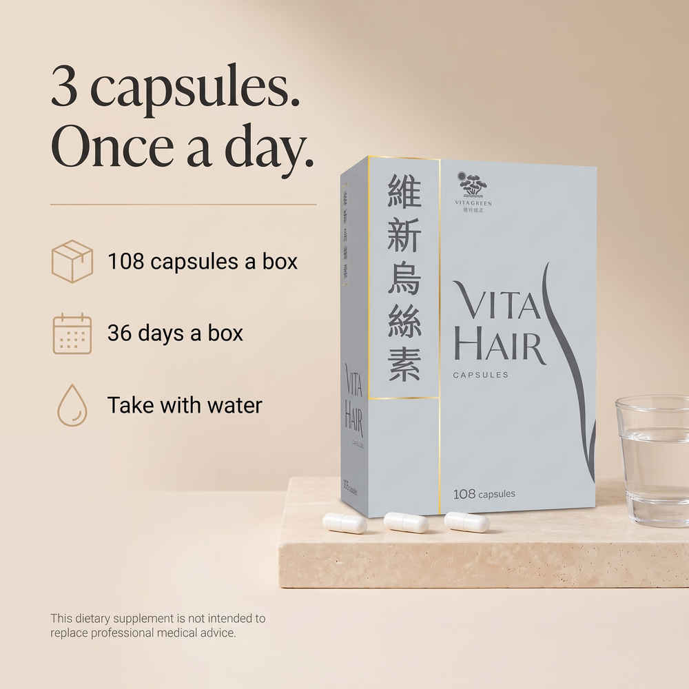 Vita Hair directions: 3 capsules once daily, 108 capsules and 36 days per box, take with water
