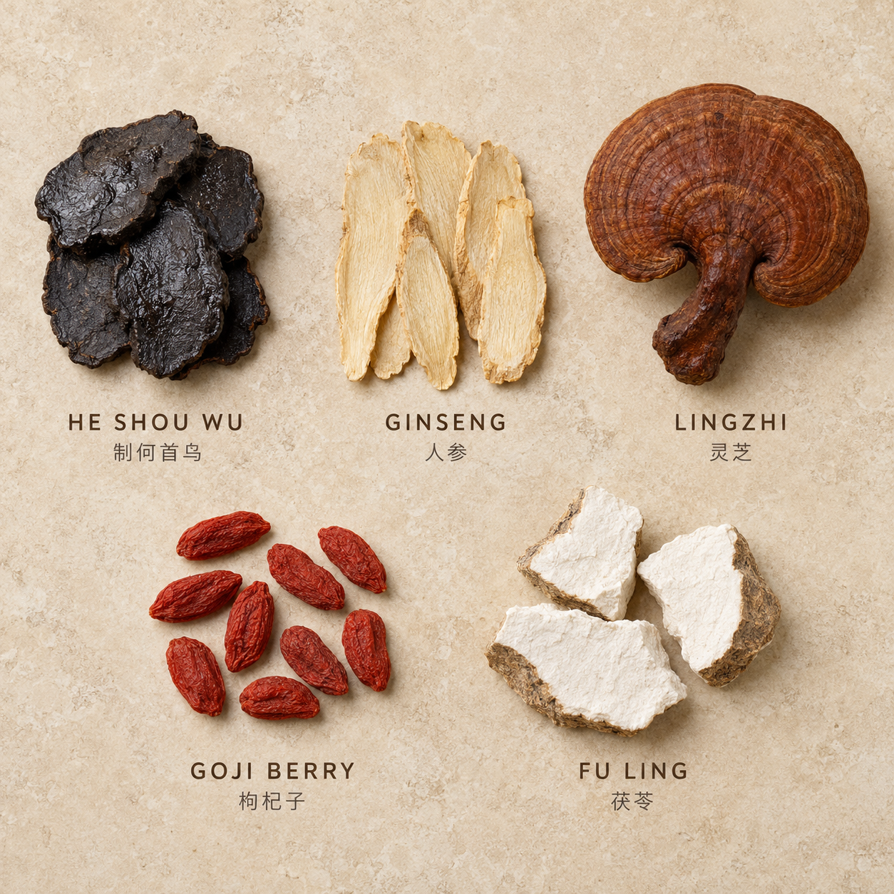 The dried herbs that make up the Vita Hair formula, arranged on a pale stone surface.
