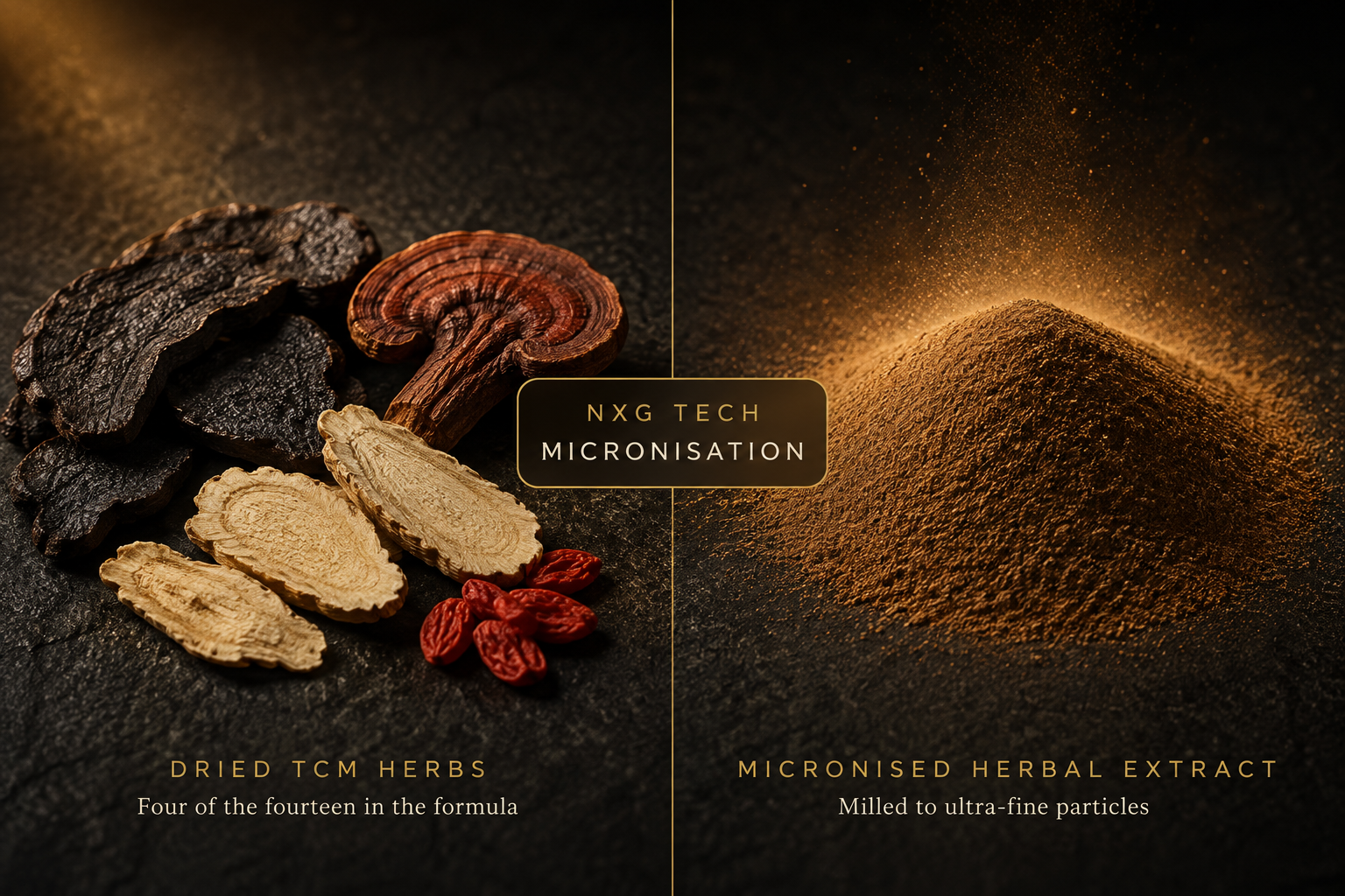 A coarser herbal extract particle beside the same extract after micronisation into a much finer particle.